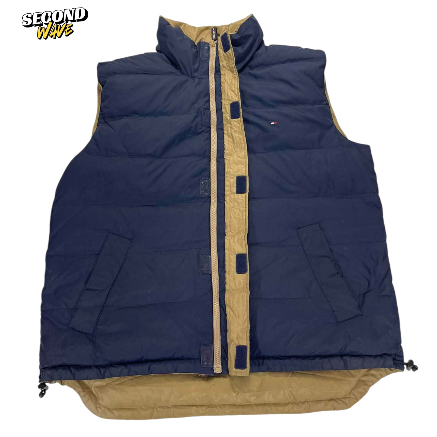 VINTAGE 2 IN 1 TOMMY HILFIGER NAVY AND TAN PUFFER VEST (L)