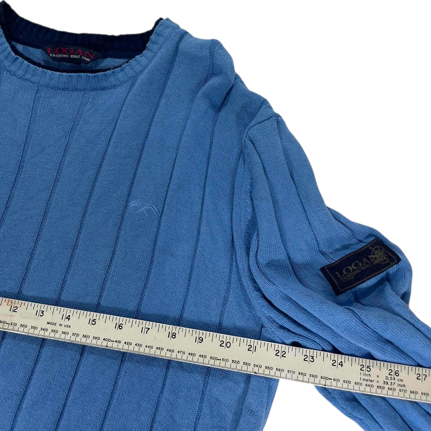 VINTAGE LOGAN BLUE RIBBED KNIT SWEATER (L)