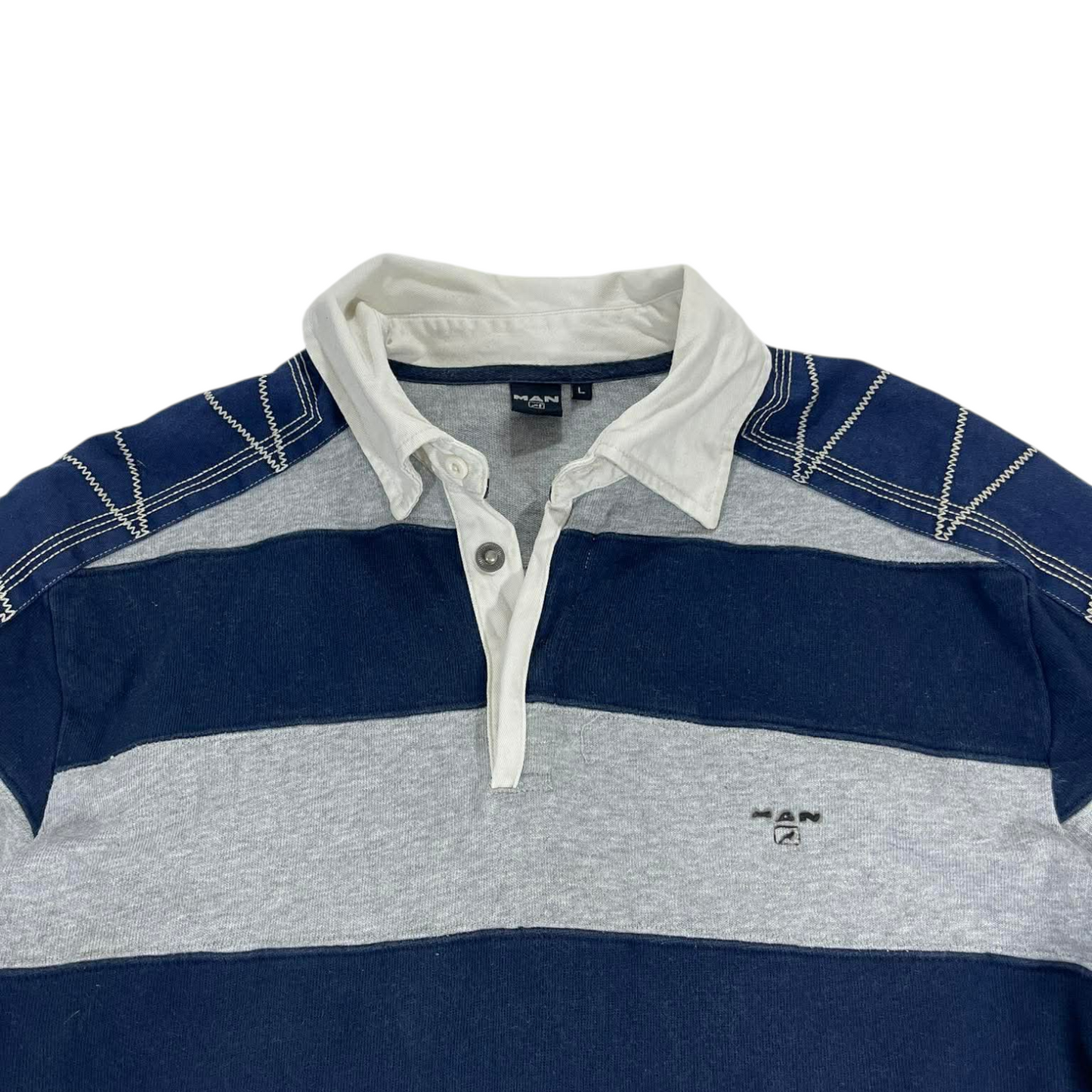MAN NAVY BLUE & GREY STRIPED LONG SLEEVE POLO SHIRT (L)