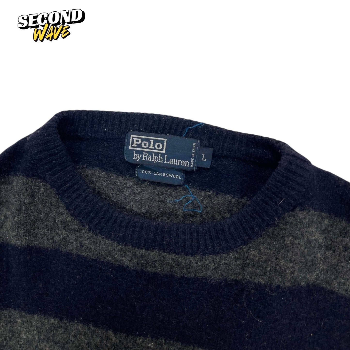VINTAGE 100% LAMBSWOOL POLO RALPH LAUREN NAVY BLUE STRIPED SWEATER (L)