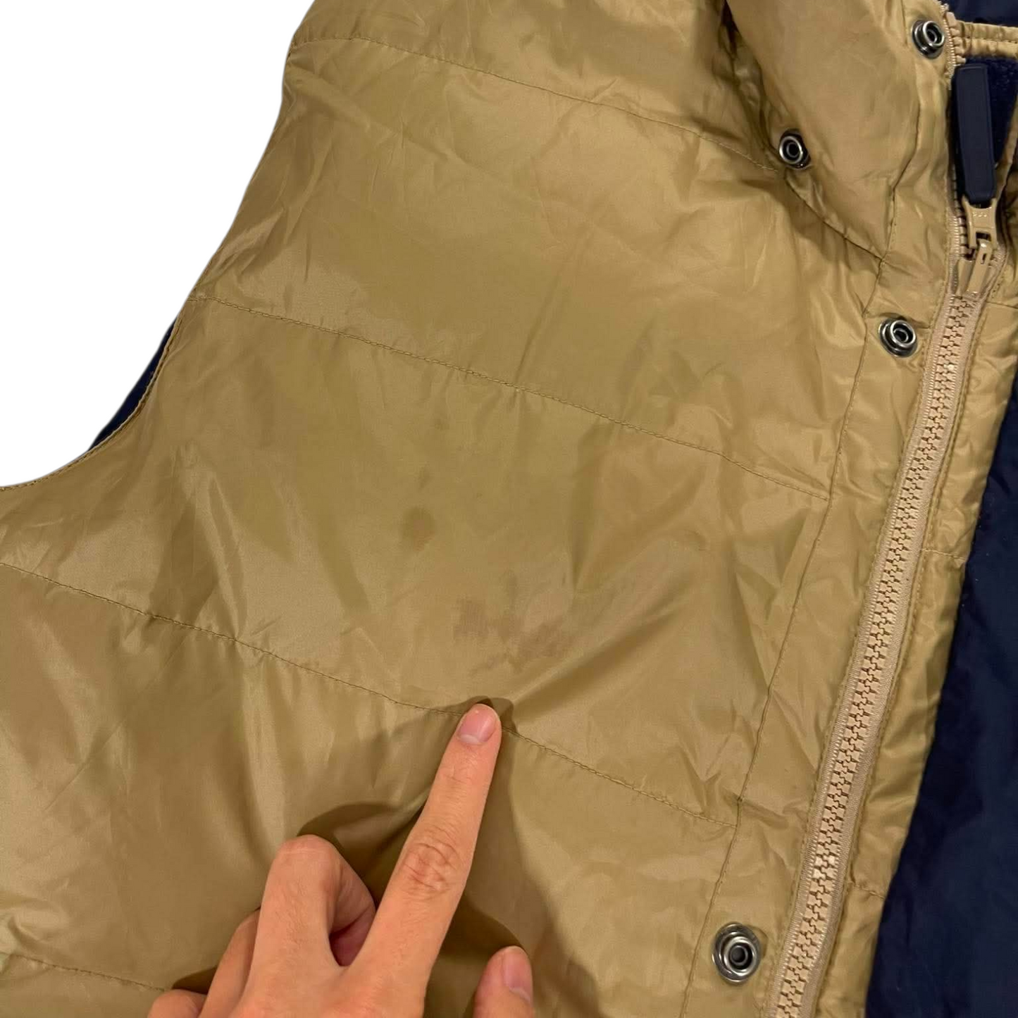 VINTAGE 2 IN 1 TOMMY HILFIGER NAVY AND TAN PUFFER VEST (L)