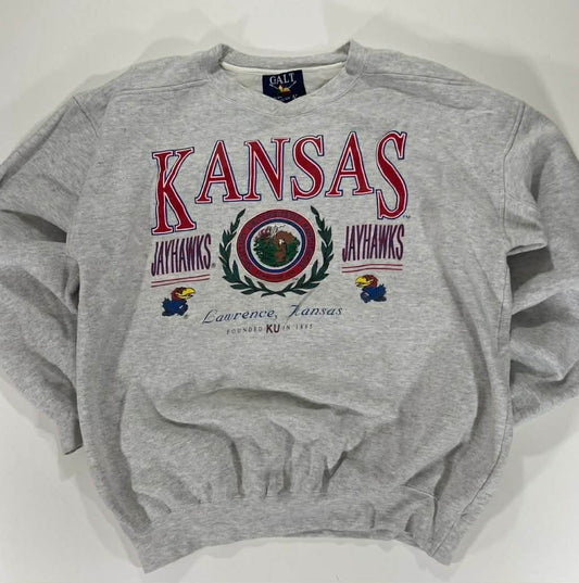 VINTAGE GREY KANSAS JAYHAWKS CREWNECK SWEATSHIRT (L)