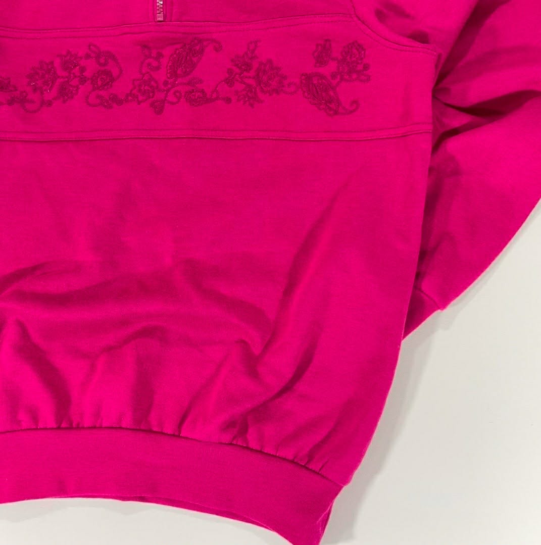 VINTAGE PICK A BERRY PINK QUARTER ZIP SWEATSHIRT WITH FLORAL EMBROIDERY (S-M)