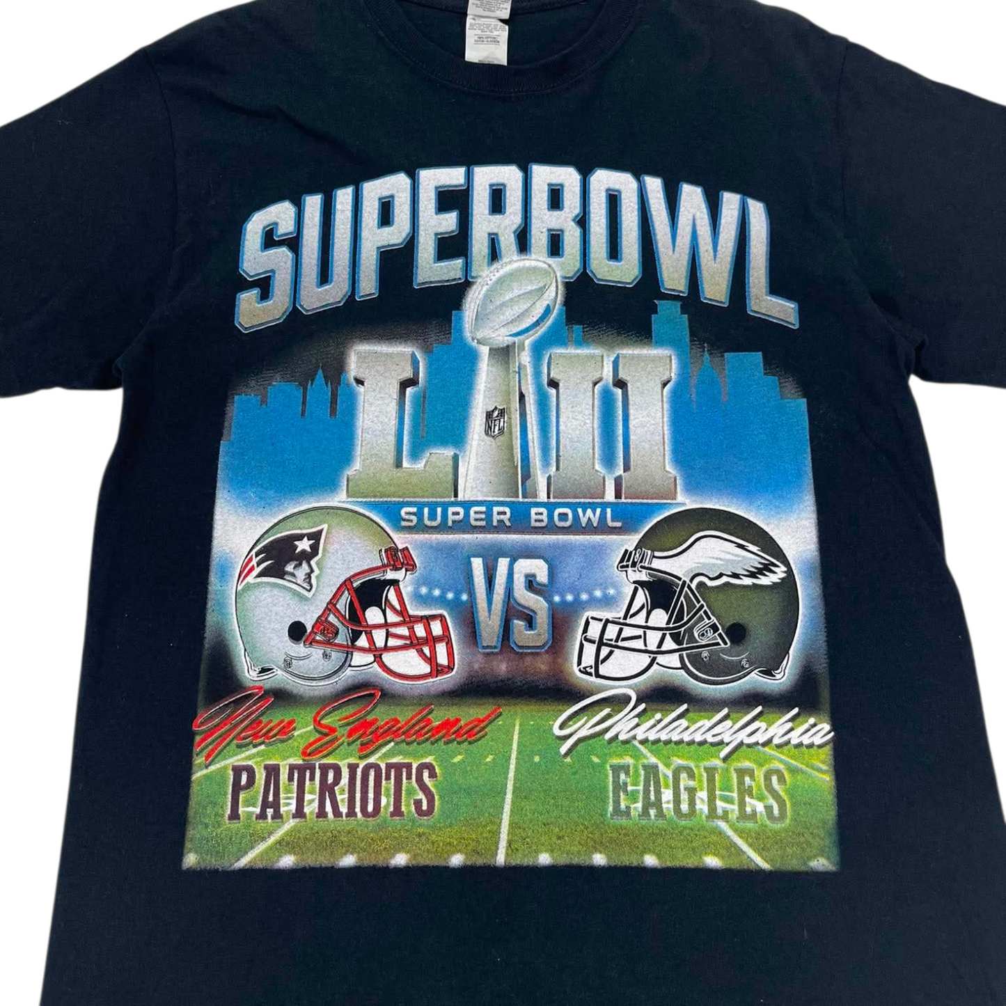 SUPER BOWL LII NEW ENGLAND PATRIOTS VS PHILADELPHIA EAGLES BLACK COTTON TEE (M)