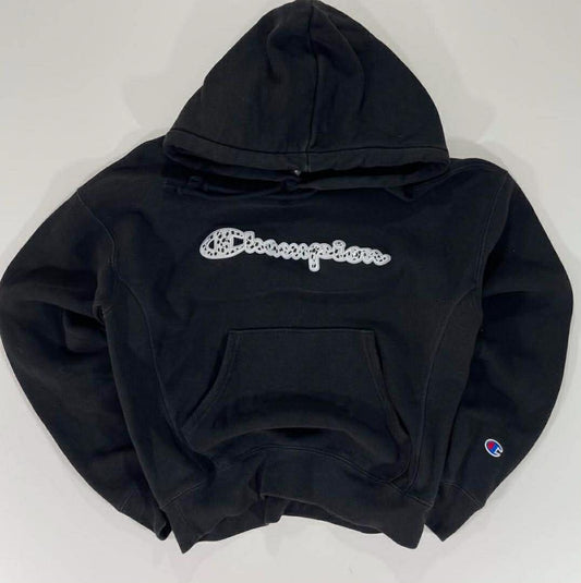 REVERSE WEAVE CHAMPION BLACK HOODIE WITH WHITE LOGO (S-M)