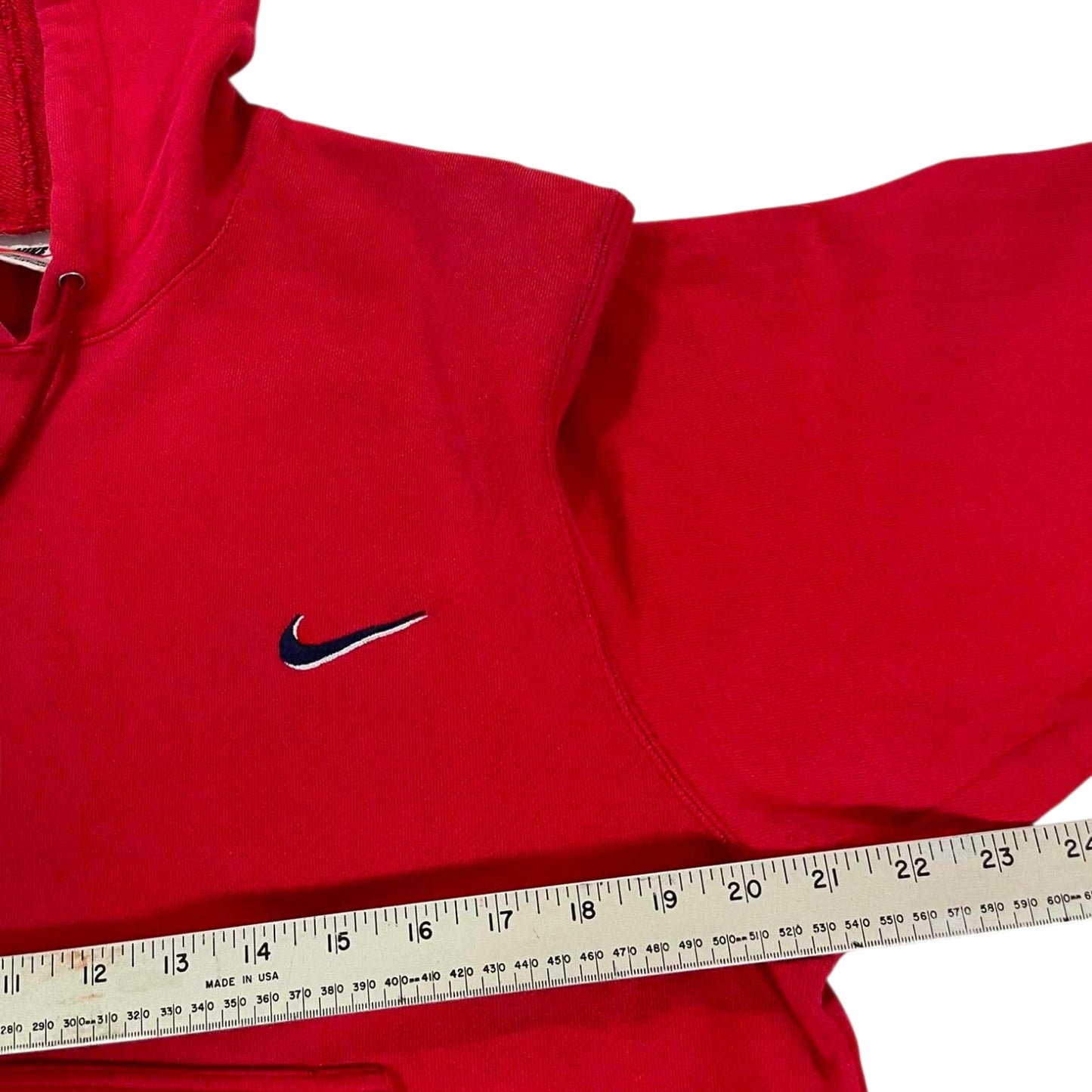 VINTAGE NIKE RED EMBROIDERED SPELLOUT HOODIE (M)