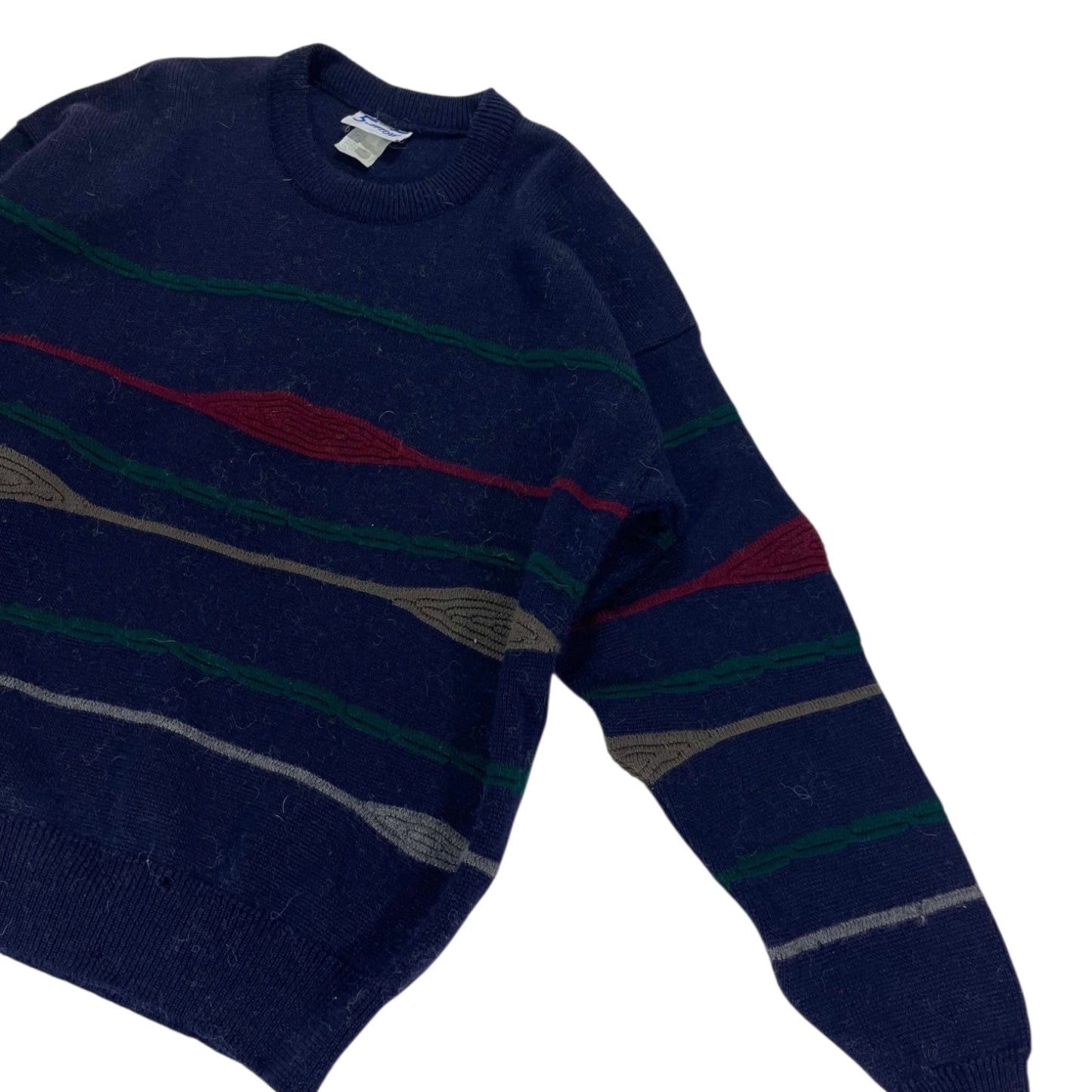 VINTAGE WOOL ACRYLIC NAVY BLUE STRIPED SWEATER (M)