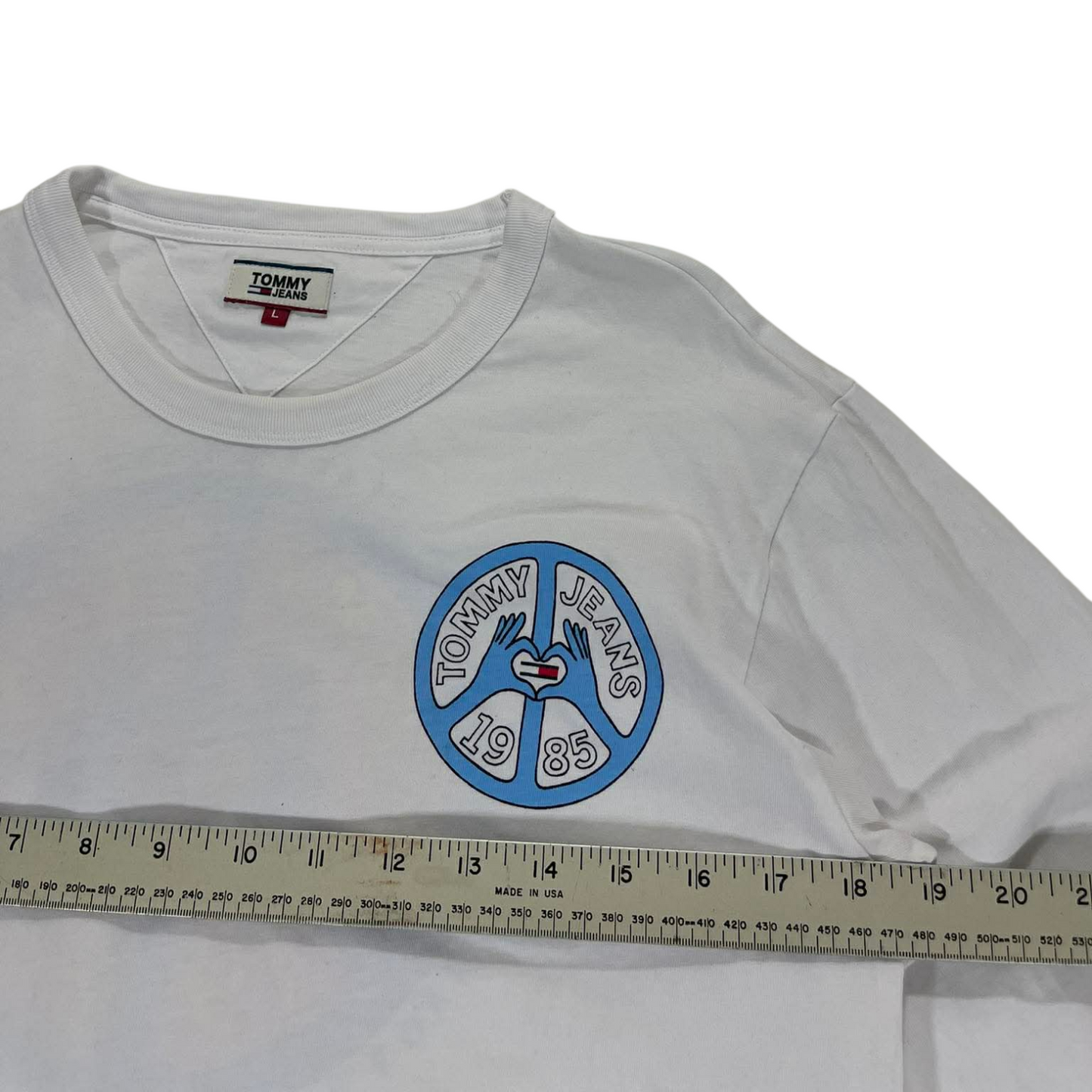 TOMMY HILFIGER WHITE LONG SLEEVE SHIRT WITH BLUE PEACE SIGN DESIGN (L-Womens)