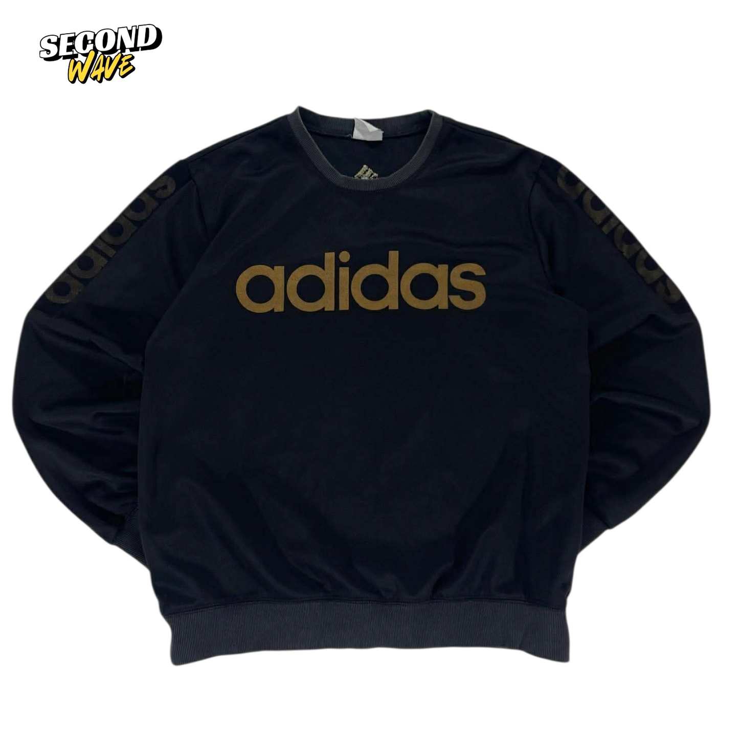 ADIDAS BLACK SWEATSHIRT WITH GOLD LOGO AND SLEEVE PRINT (M)