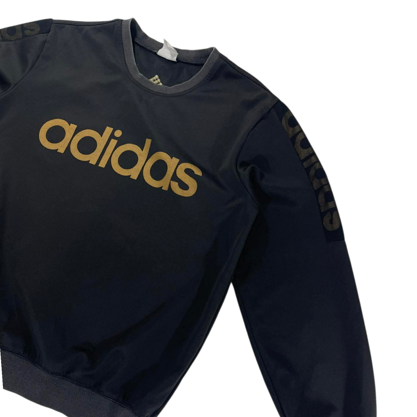 ADIDAS BLACK SWEATSHIRT WITH GOLD LOGO AND SLEEVE PRINT (M)