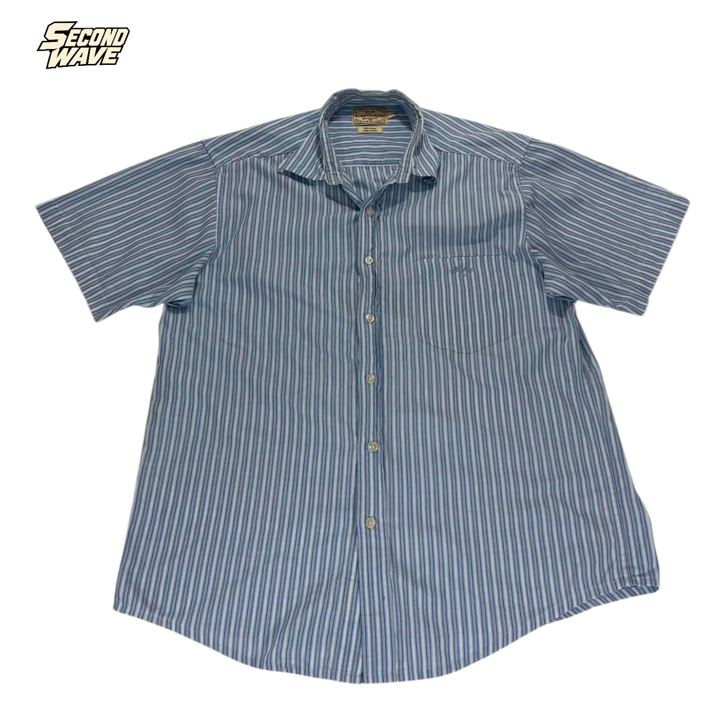 100% COTTON BLUE & WHITE STRIPED BUTTON UP (M)