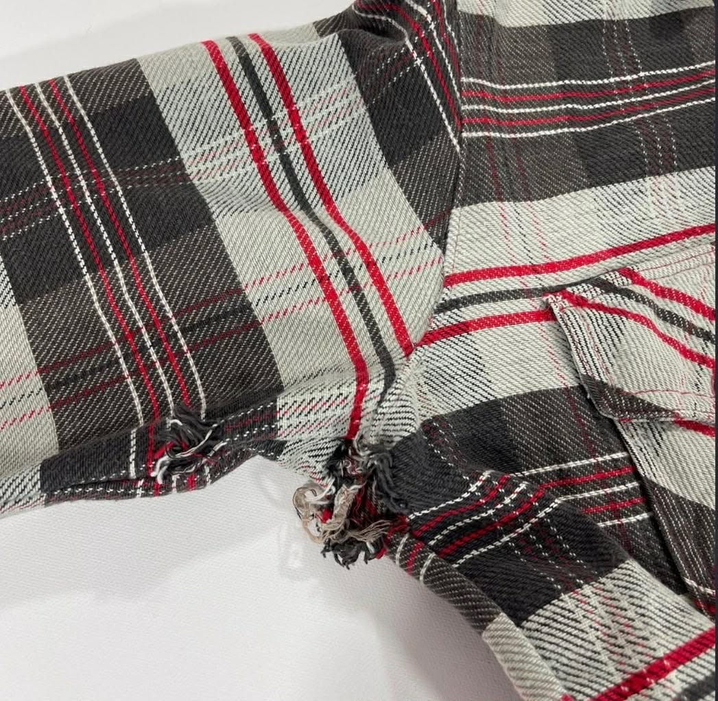VINTAGE HEAVY MATERIAL RED AND GREY PLAID BUTTON UP SHIRT (L-XL)