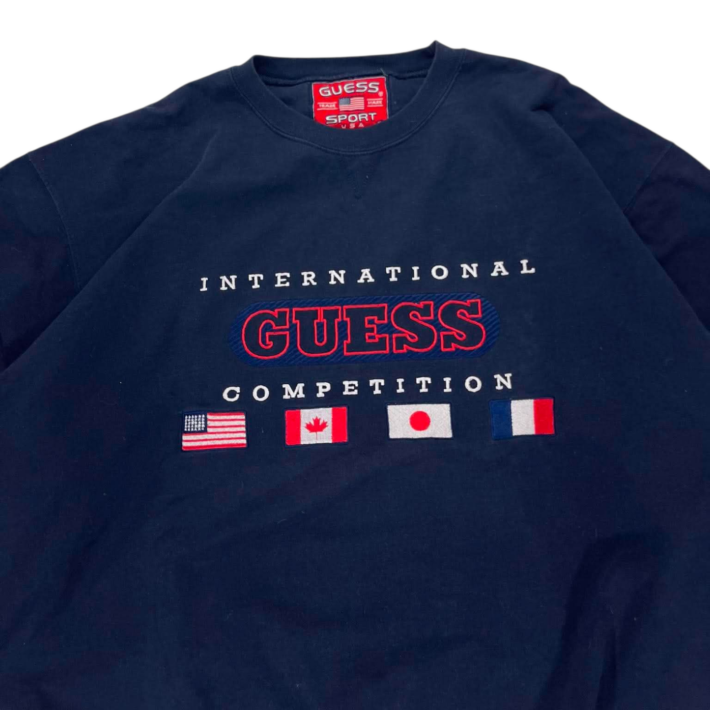 VINTAGE 90s GUESS INTERNATIONAL COMPETITION NAVY SWEATSHIRT (XL)