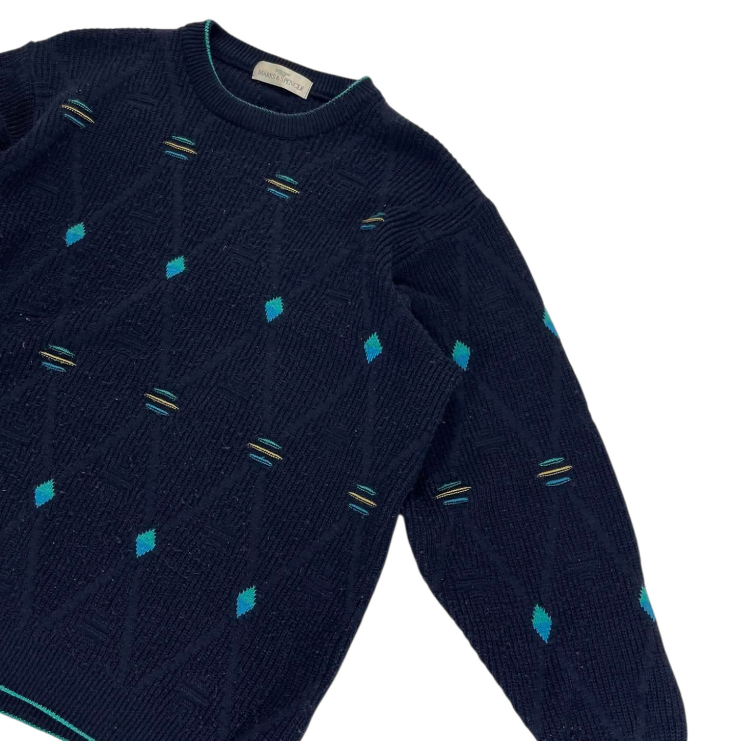 NAVY BLUE MARKS & SPENCER KNITTED SWEATER GREEN AND YELLOW DETAILS (M)