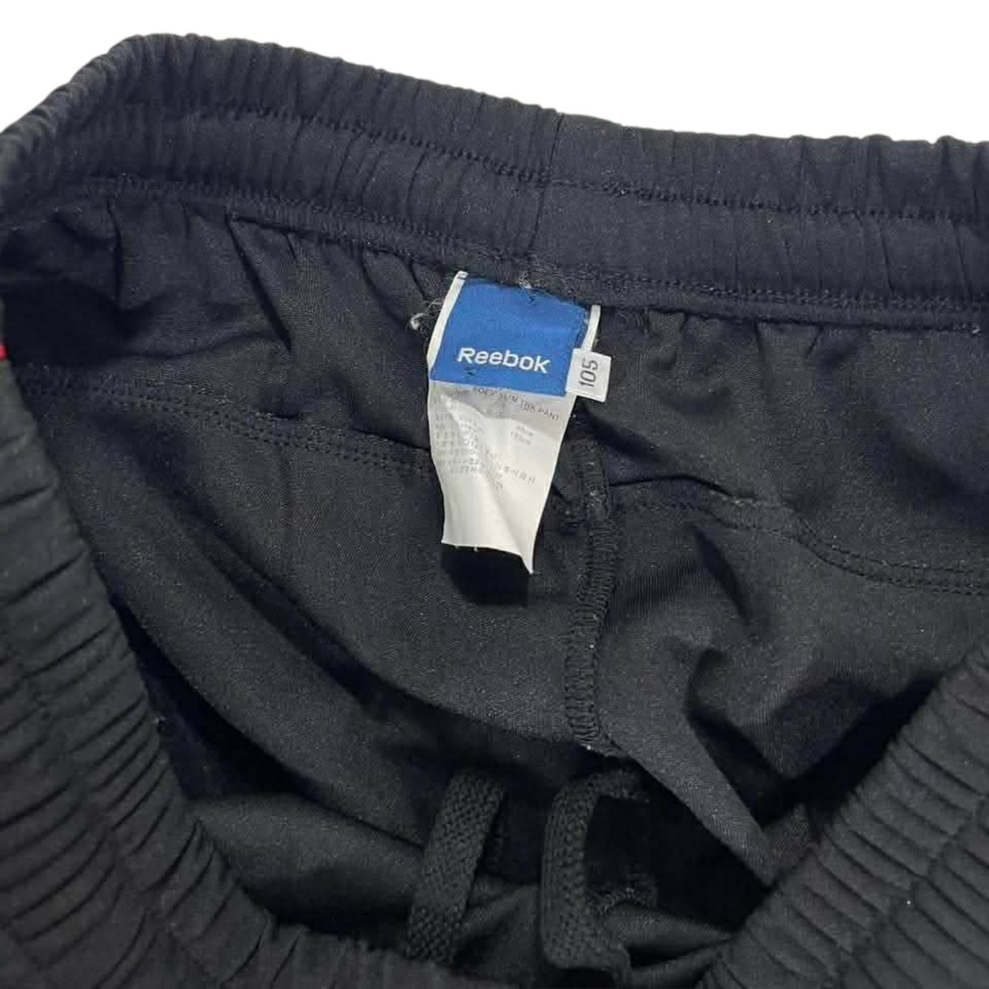 VINTAGE REEBOK BLACK TRACK PANTS WITH RED ACCENTS AND ZIPPER POCKETS (34)