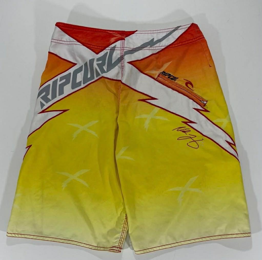 90S RIP CURL YELLOW BOARD SHORTS WITH RED AND WHITE ACCENTS (16)