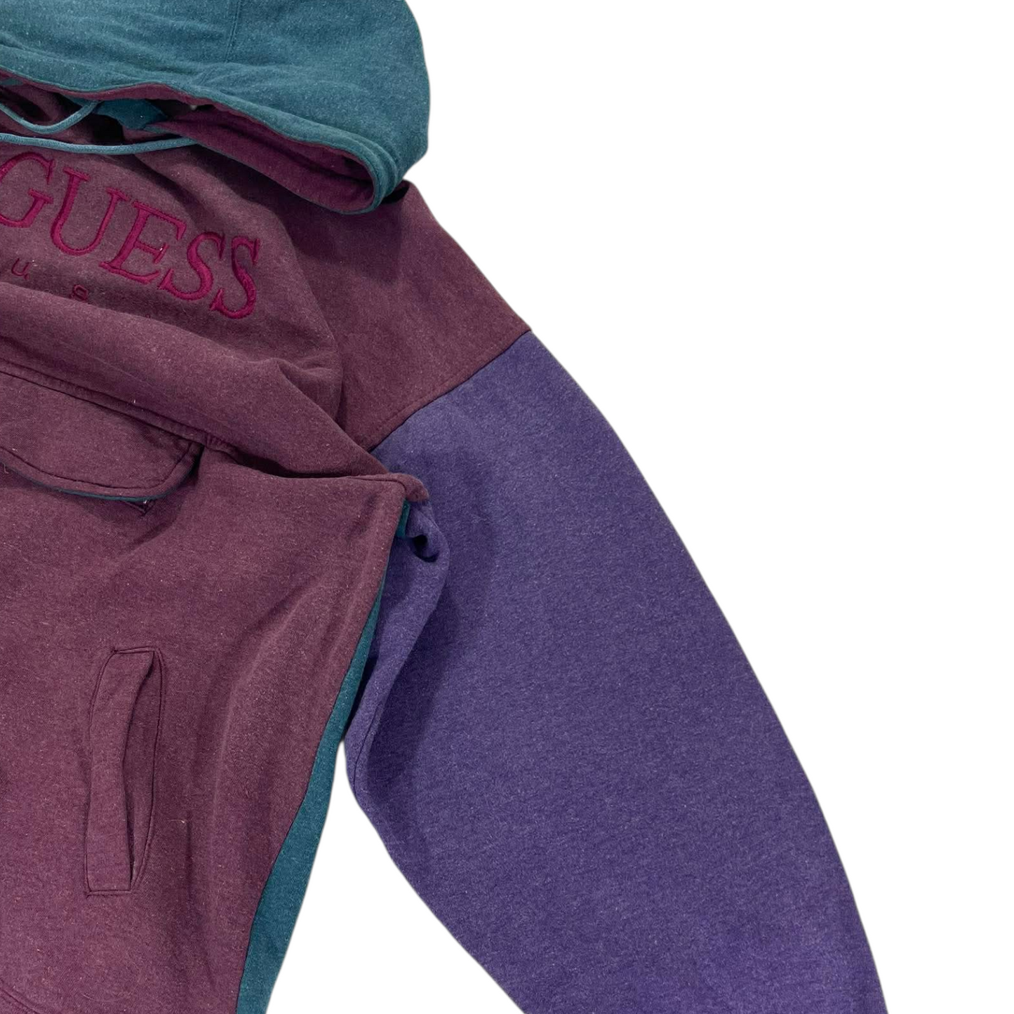 VINTAGE MULTI COLOURED GUESS USA HOODIE WITH EMBROIDERED LOGO(L-XL)