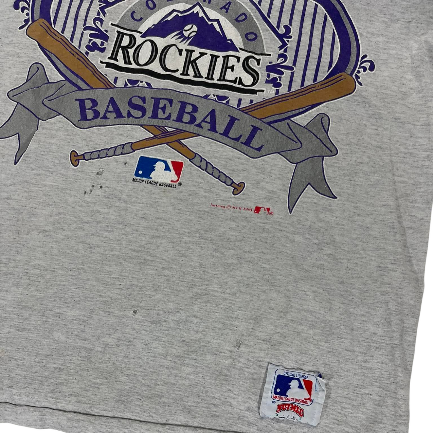 90S NUTMEG TRASHED COLORADO ROCKIES GREY BASEBALL TEE (M)