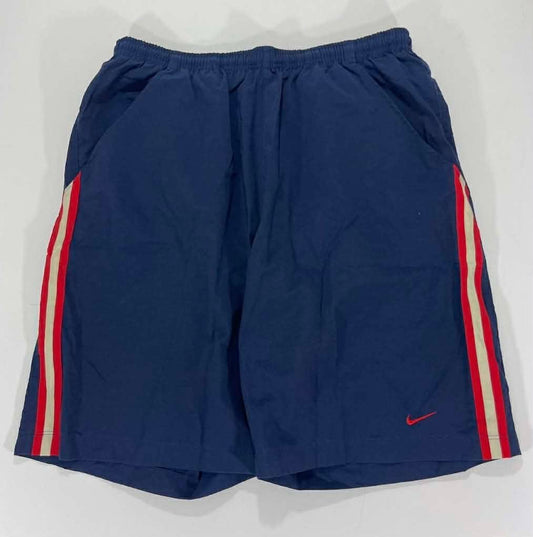 VINTAGE NIKE NAVY BLUE SHORTS WITH RED AND WHITE STRIPES (L)