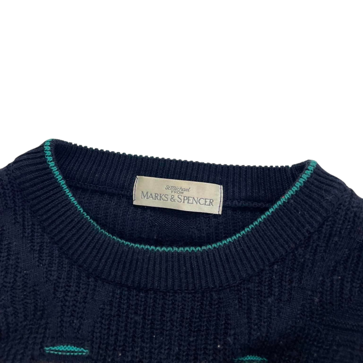 NAVY BLUE MARKS & SPENCER KNITTED SWEATER GREEN AND YELLOW DETAILS (M)
