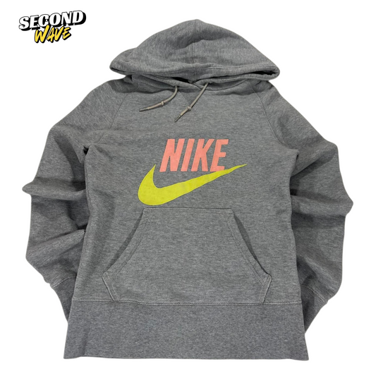 VINTAGE NIKE GREY HOODIE WITH PINK AND YELLOW LOGO (L)