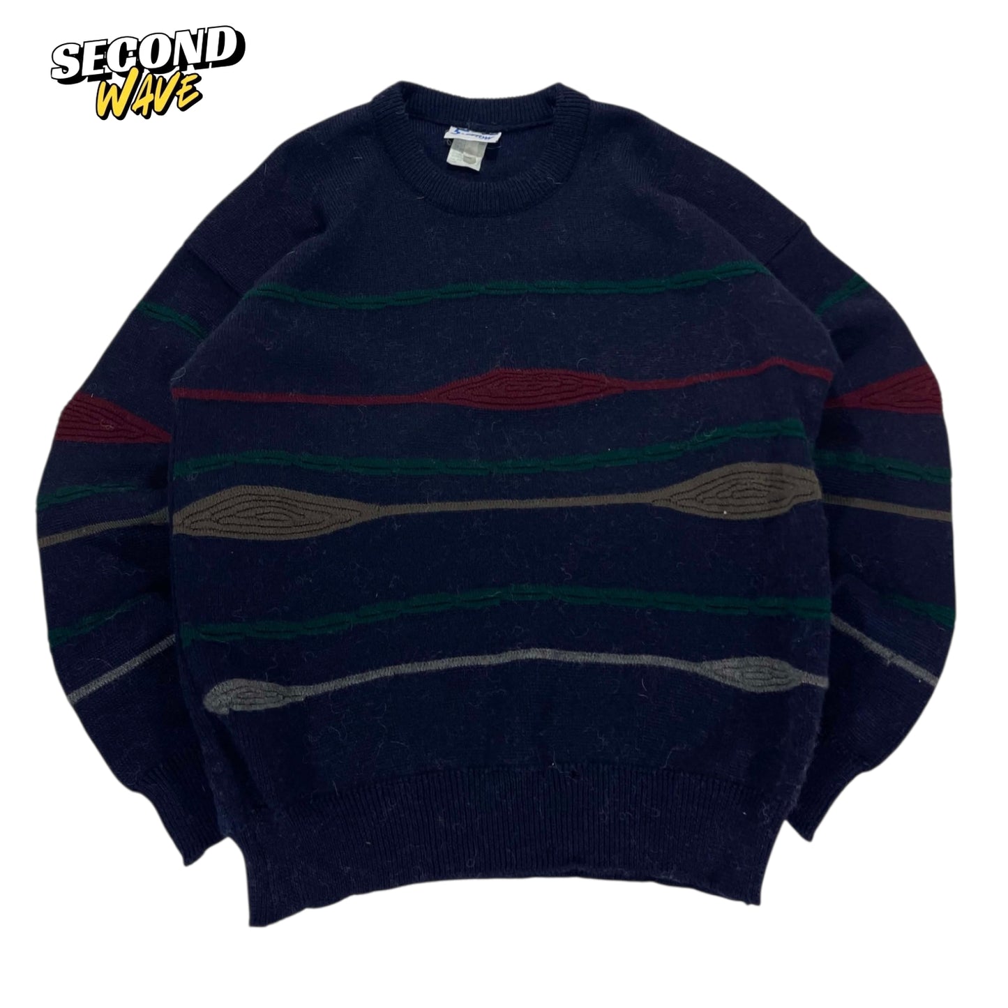 VINTAGE WOOL ACRYLIC NAVY BLUE STRIPED SWEATER (M)