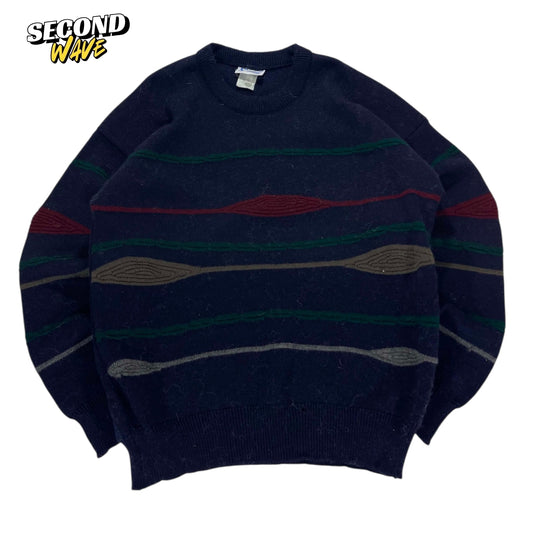 VINTAGE WOOL ACRYLIC NAVY BLUE STRIPED SWEATER (M)