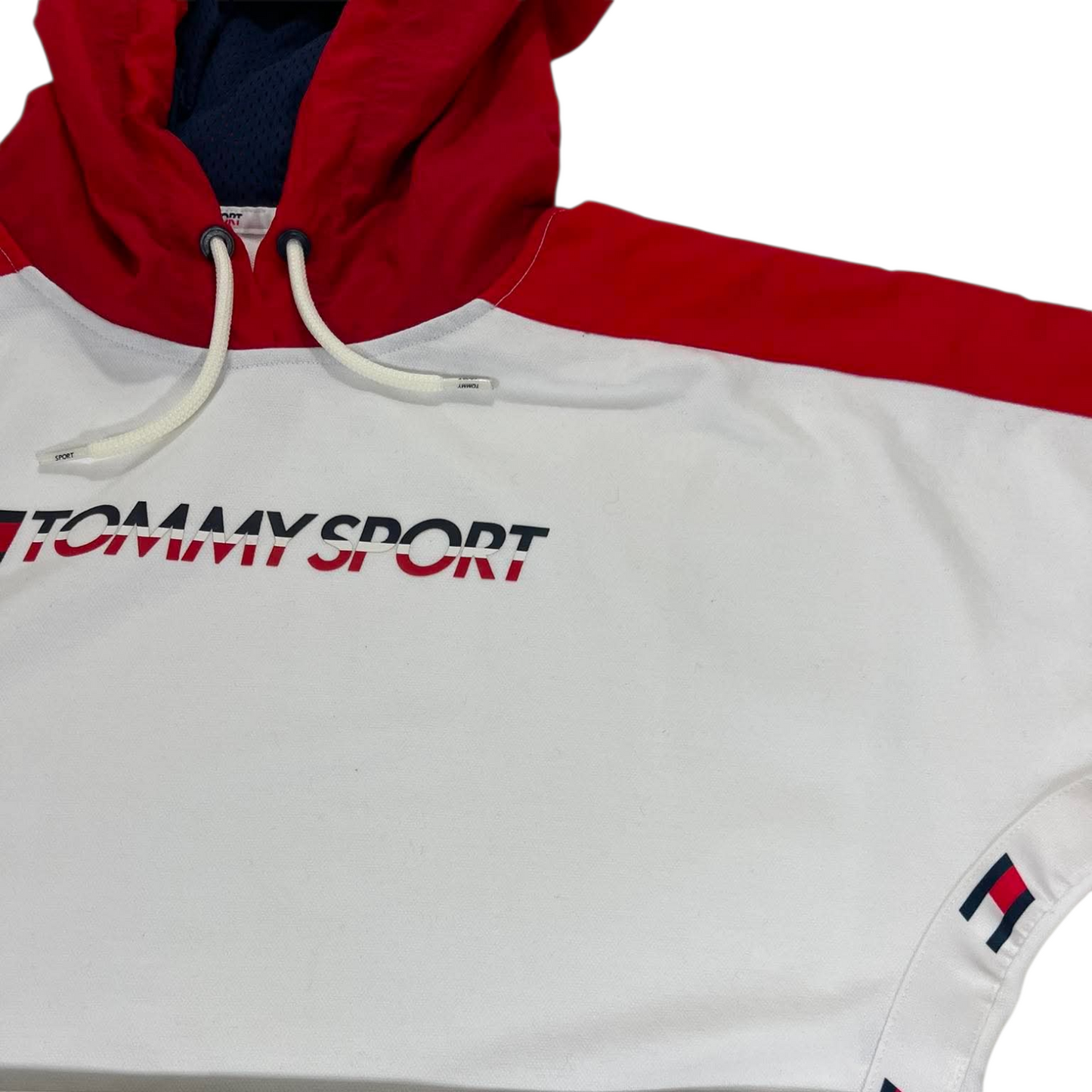TOMMY HILFIGER RED & WHITE CROPPED HOODIE (M)
