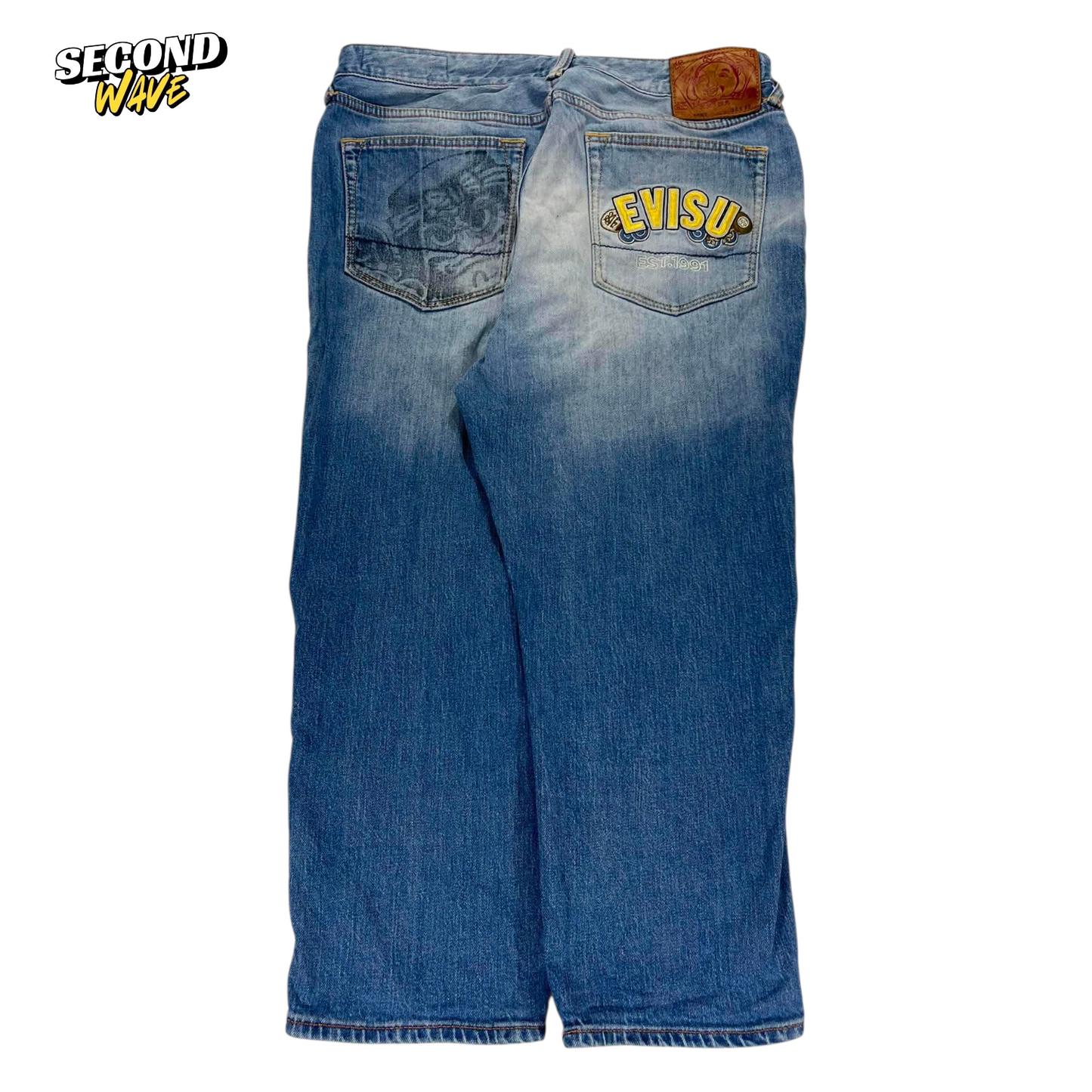 Y2K EMBROIDERED EVISU BLUE DENIM JEANS (32)