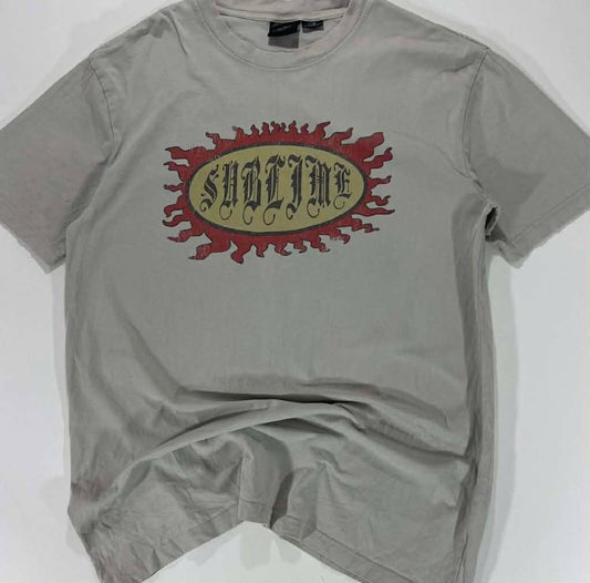 VINTAGE SUBLIME GREY TEE WITH RED FLAMES DESIGN (L)