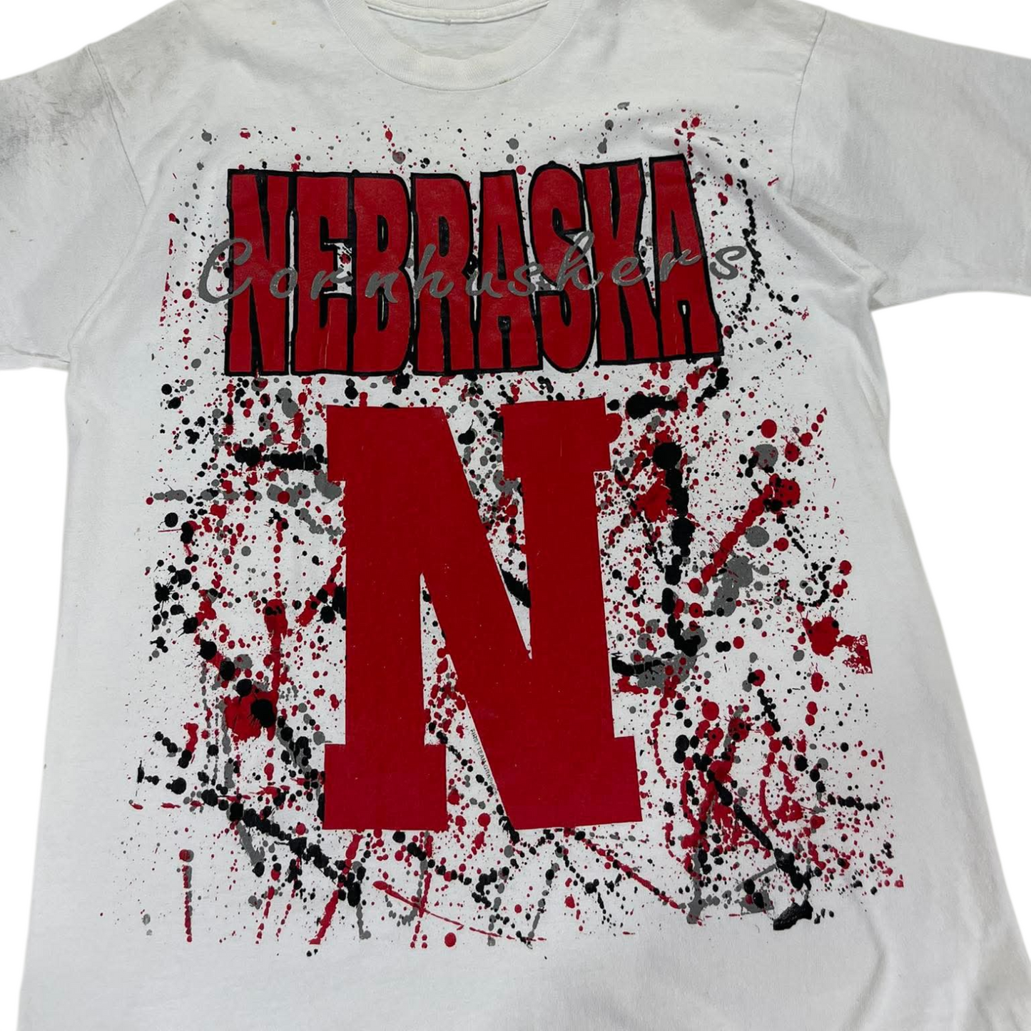 VINTAGE SINGLE STITCHED NEBRASKA CORNHUSKERS WHITE & RED TEE (M)