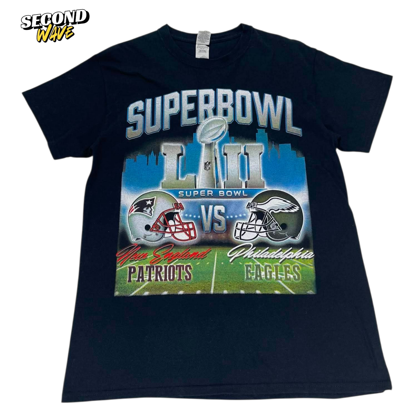 SUPER BOWL LII NEW ENGLAND PATRIOTS VS PHILADELPHIA EAGLES BLACK COTTON TEE (M)