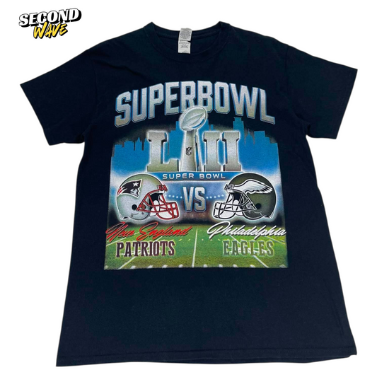 SUPER BOWL LII NEW ENGLAND PATRIOTS VS PHILADELPHIA EAGLES BLACK COTTON TEE (M)