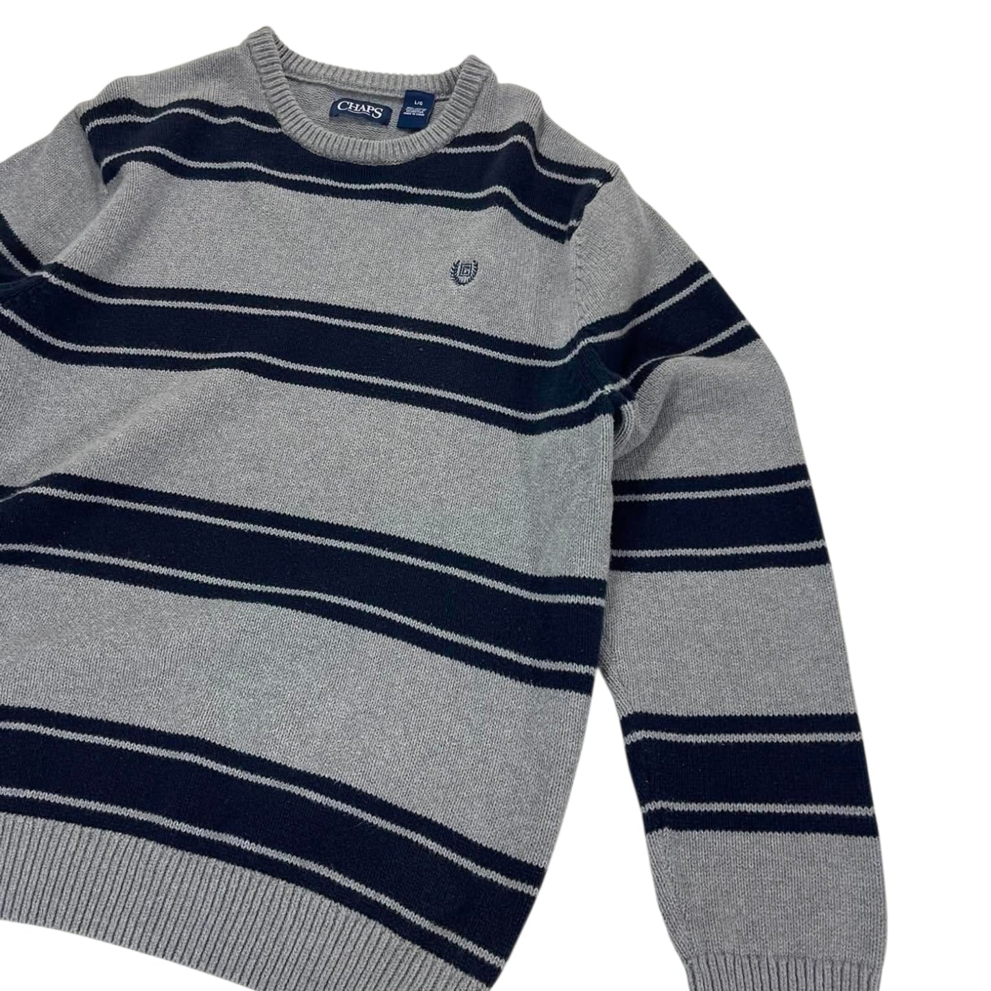 VINTAGE CHAPS GREY STRIPED SWEATER (L)