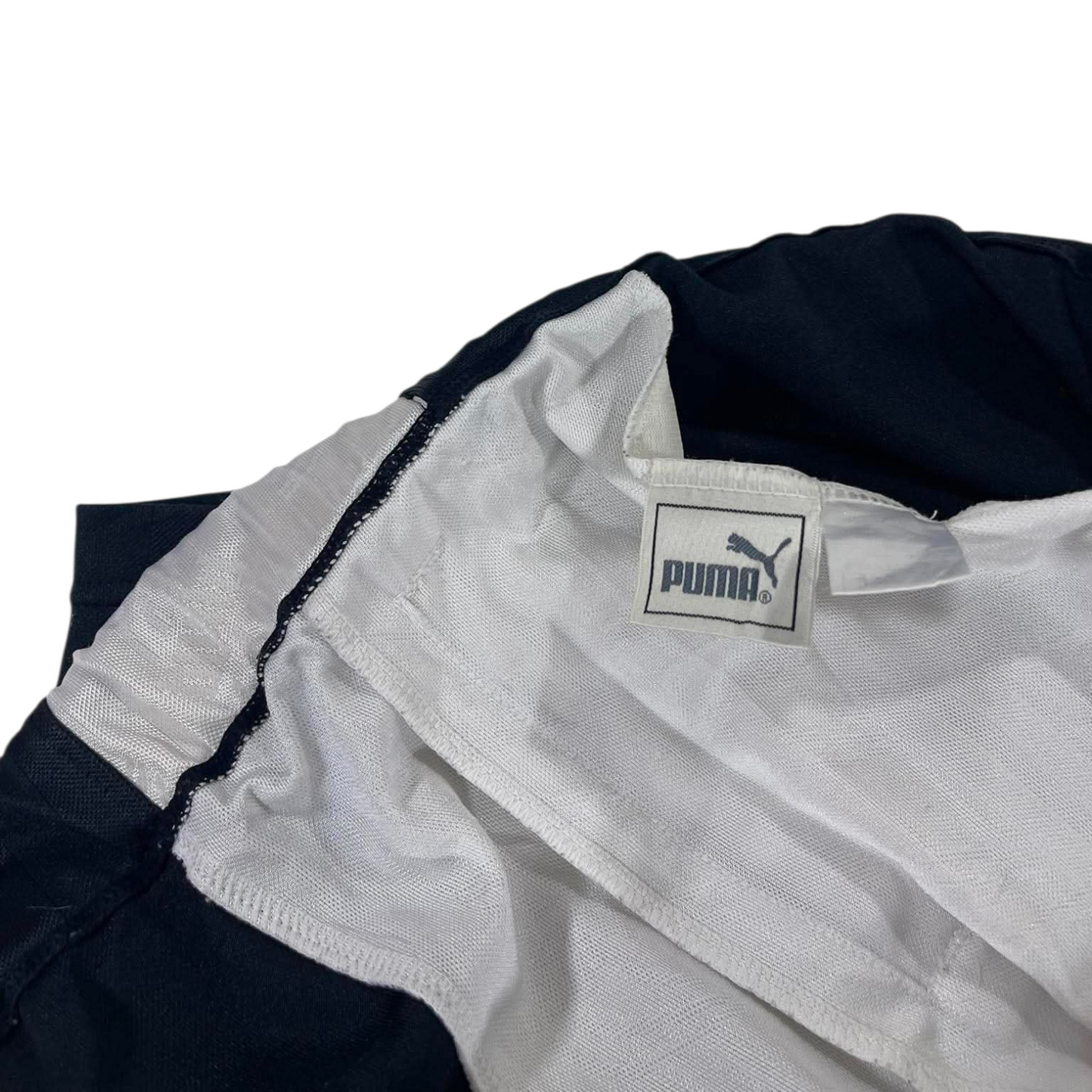 VINTAGE BAGGY PUMA BLACK TRACK PANTS WITH WHITE STRIPES (L-XL)
