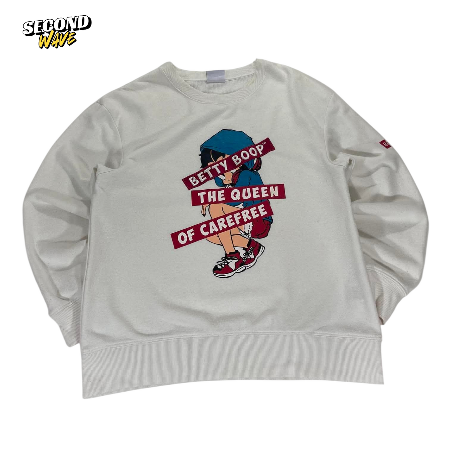 VINTAGE EMBROIDERED BETTY BOOP X T.O. THE QUEEN OF CAREFREE WHITE SWEATSHIRT (M)
