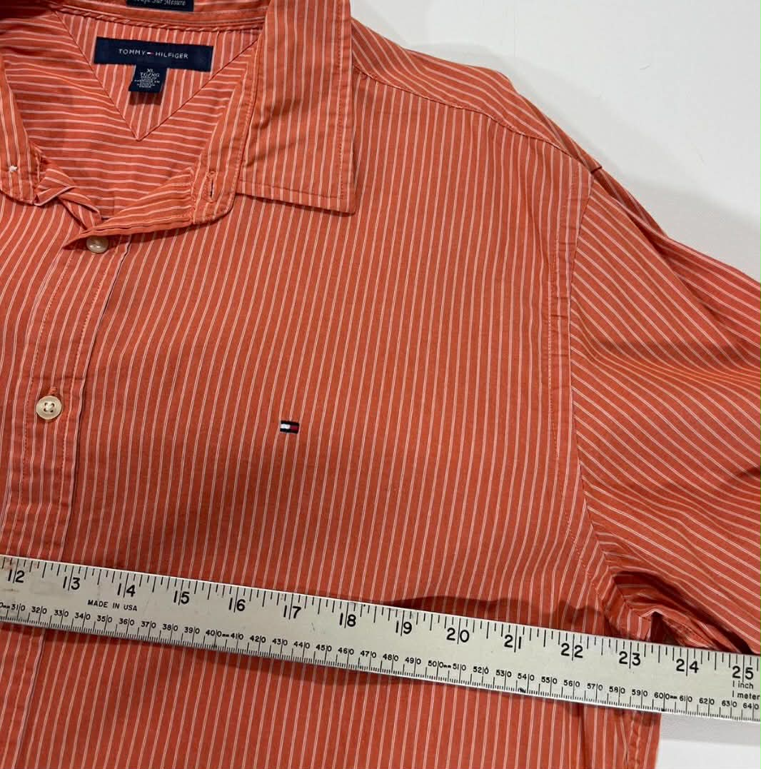 VINTAGE TOMMY HILFIGER ORANGE STRIPED BUTTON UP SHIRT (L-XL)