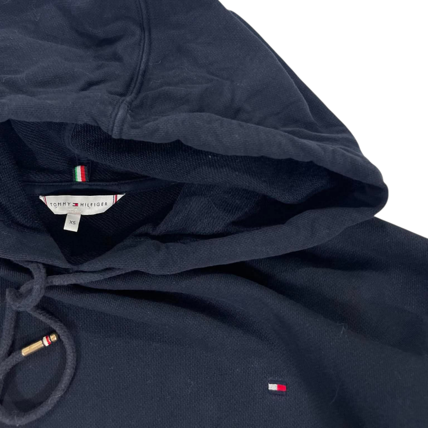 TOMMY HILFIGER NAVY BLUE HOODIE WITH EMBROIDERED LOGO ON SLEEVE (S)