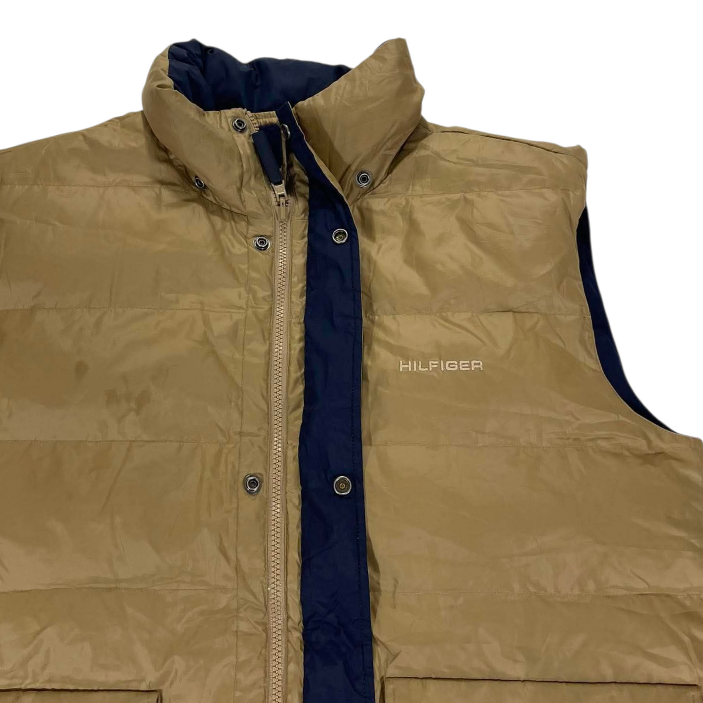 VINTAGE 2 IN 1 TOMMY HILFIGER NAVY AND TAN PUFFER VEST (L)