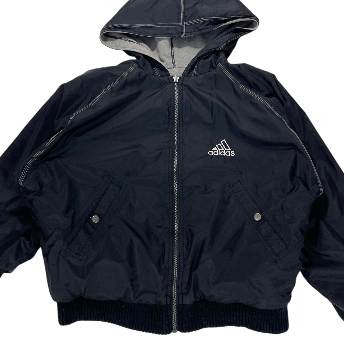 VINTAGE 2 IN 1 ADIDAS REVERSIBLE GREY ZIP UP JACKER WITH EMBROIDED LOGO (S-M)