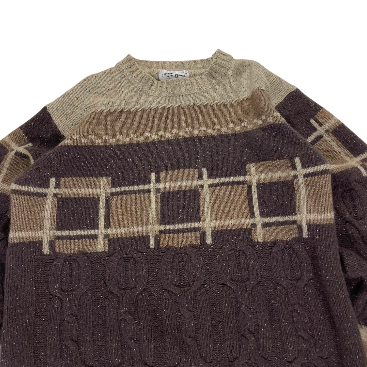 90S BROWN & TAN PLAID KNIT SWEATER (M)