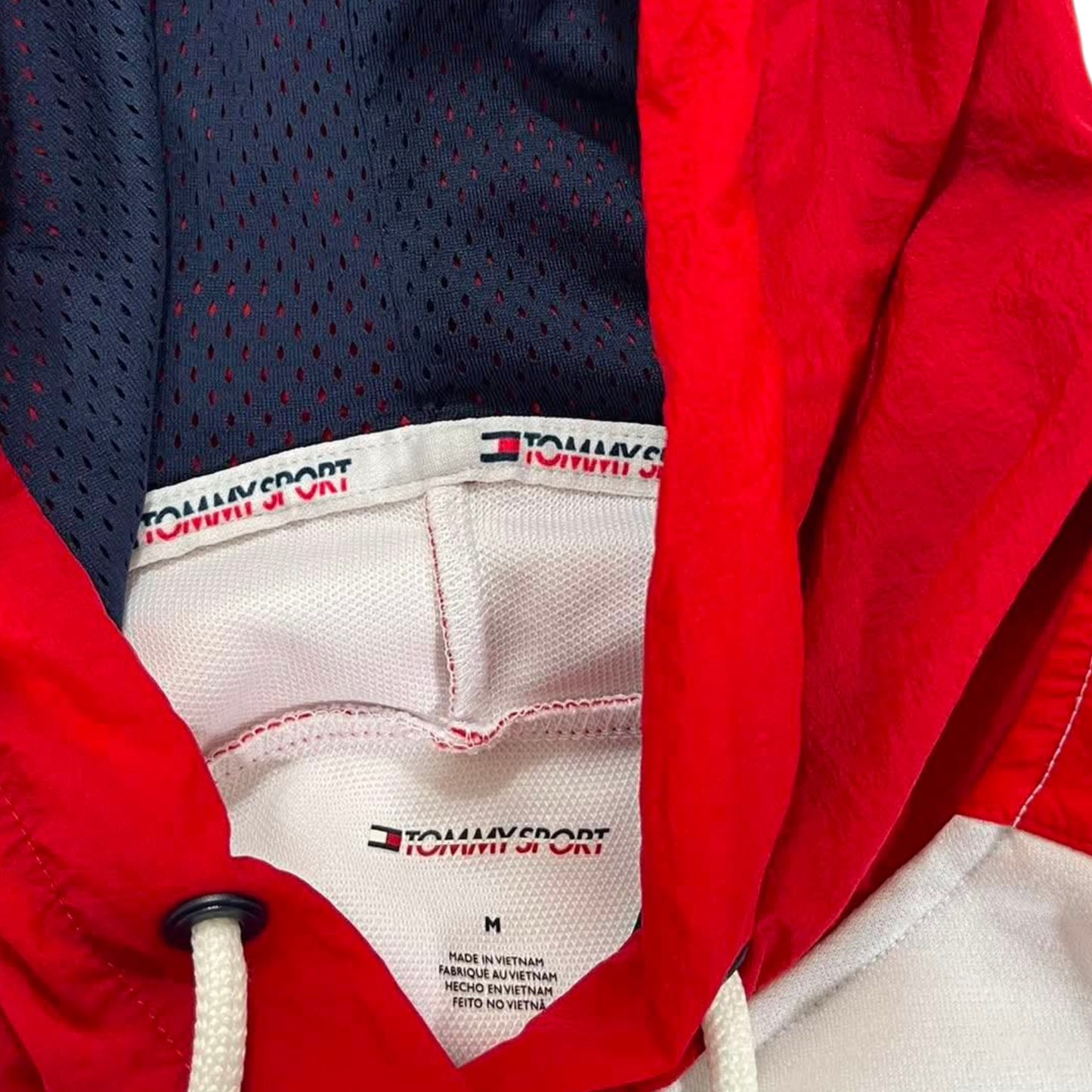 TOMMY HILFIGER RED & WHITE CROPPED HOODIE (M)