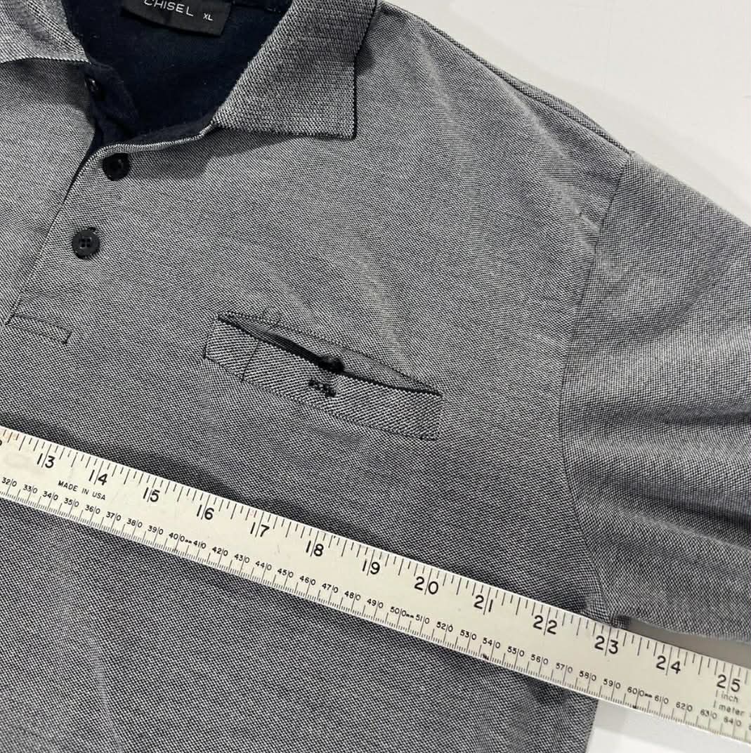 VINTAGE CHISEL GREY LONG SLEEVED POLO SHIRT WITH CONTRAST COLLAR AND CUFFS (L)