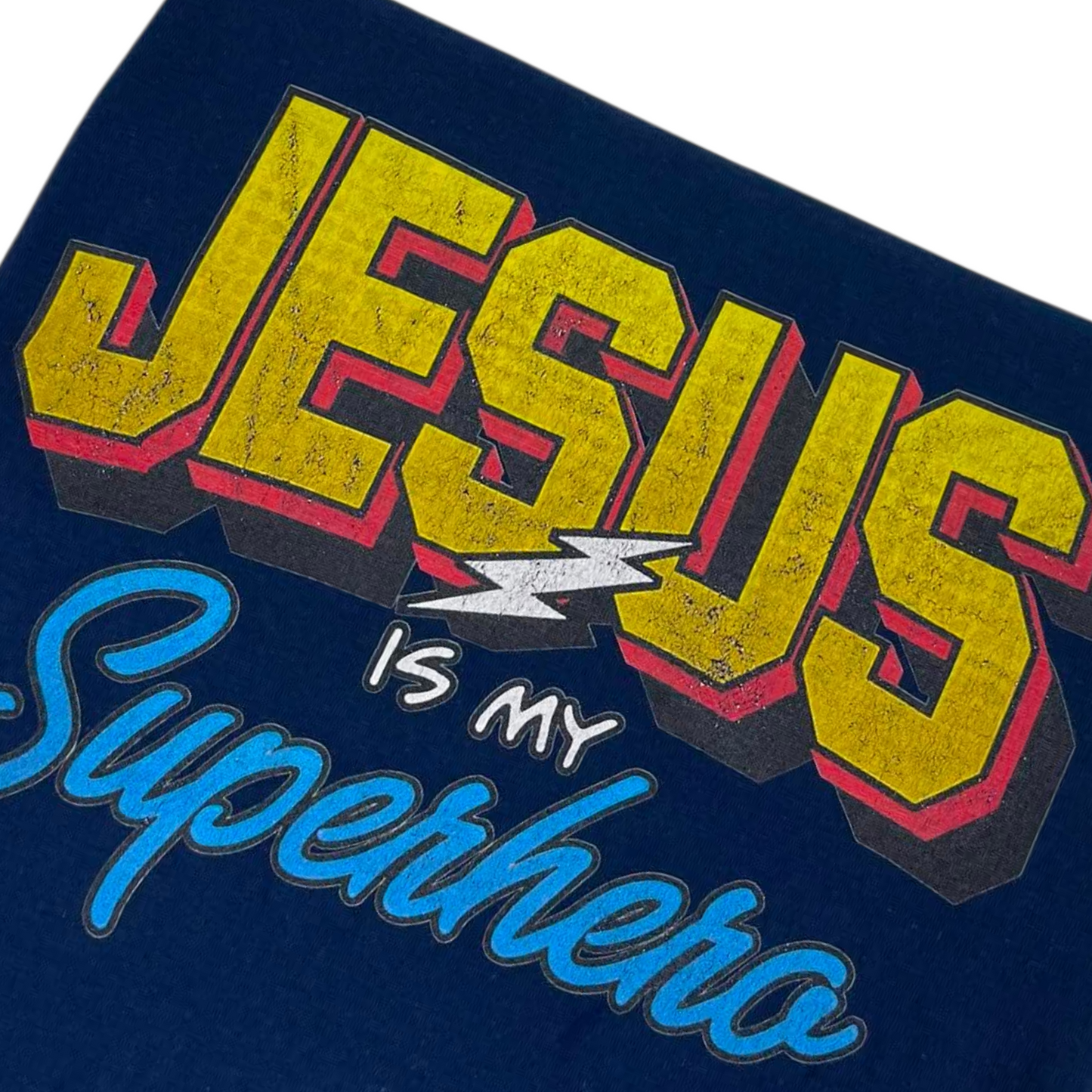 JESUS IS MY SUPERHERO NAVY BLUE T-SHIRT (M)