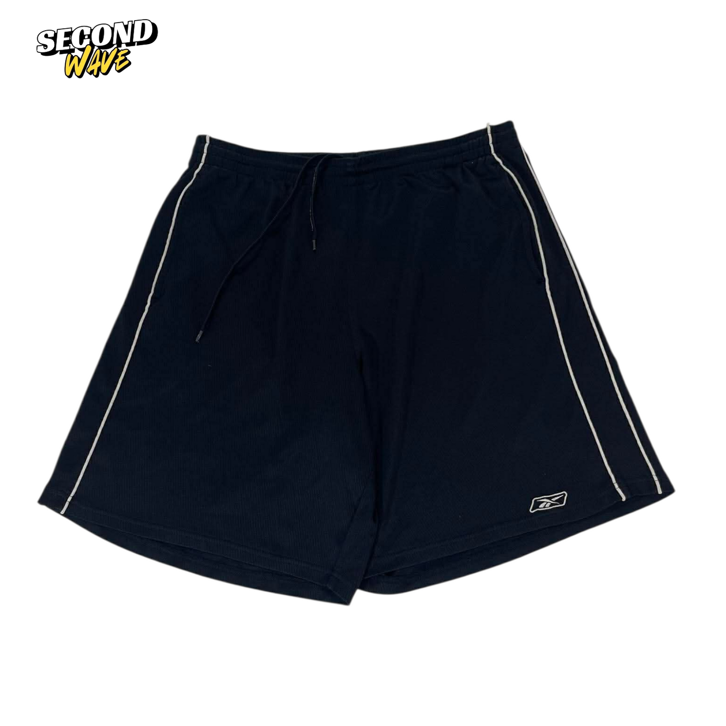 VINTAGE REEBOK NAVY BLUE SHORTS WITH WHITE STRIPE (L)