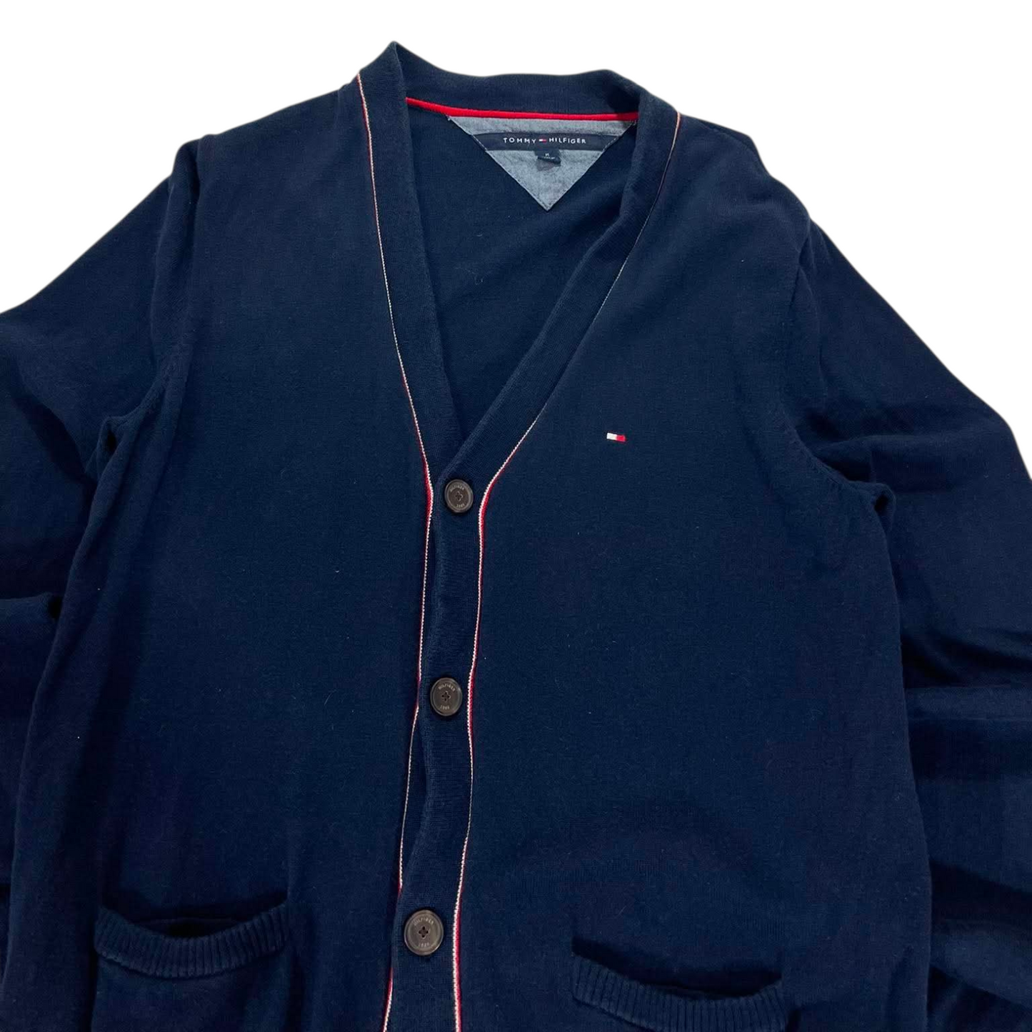 TOMMY HILFIGER NAVY BLUE CARDIGAN WITH RED PIPING (M)