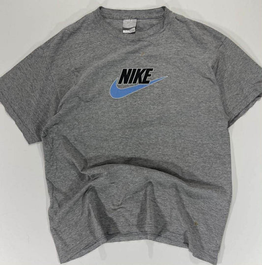 VINTAGE NIKE GREY COTTON T-SHIRT WITH BLUE SWOOSH (L)