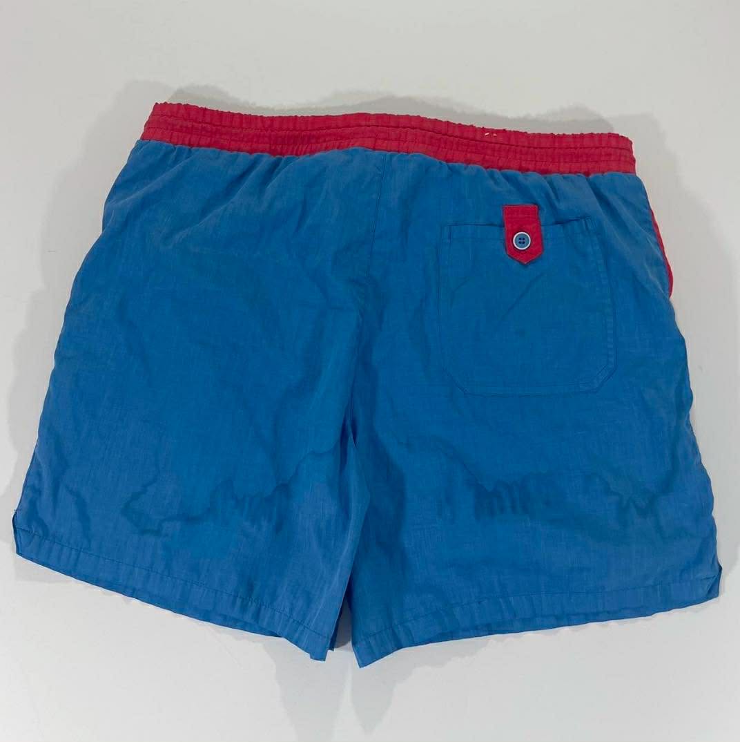 90s BODY FORCE BLUE AND RED VINTAGE SWIM SHORTS WITH DRAWSTRING WAIST (M-L)