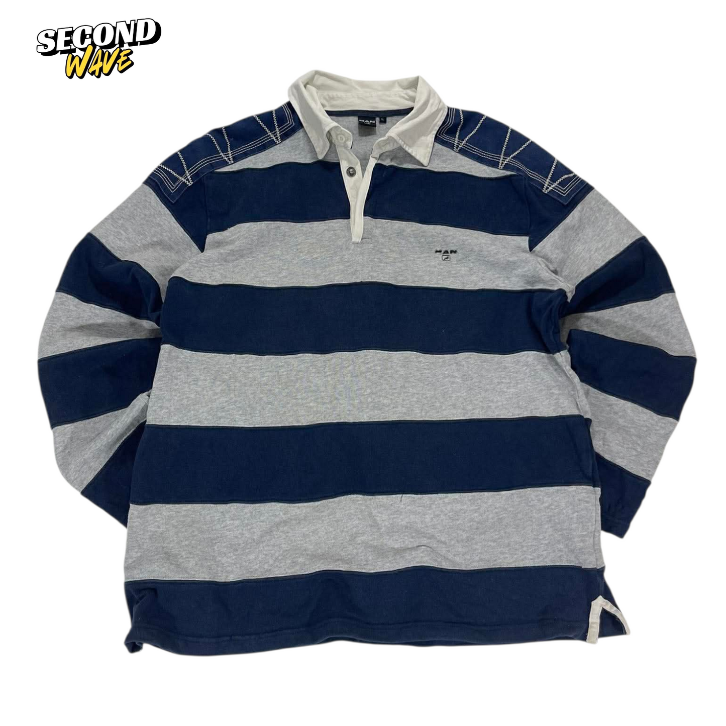 MAN NAVY BLUE & GREY STRIPED LONG SLEEVE POLO SHIRT (L)