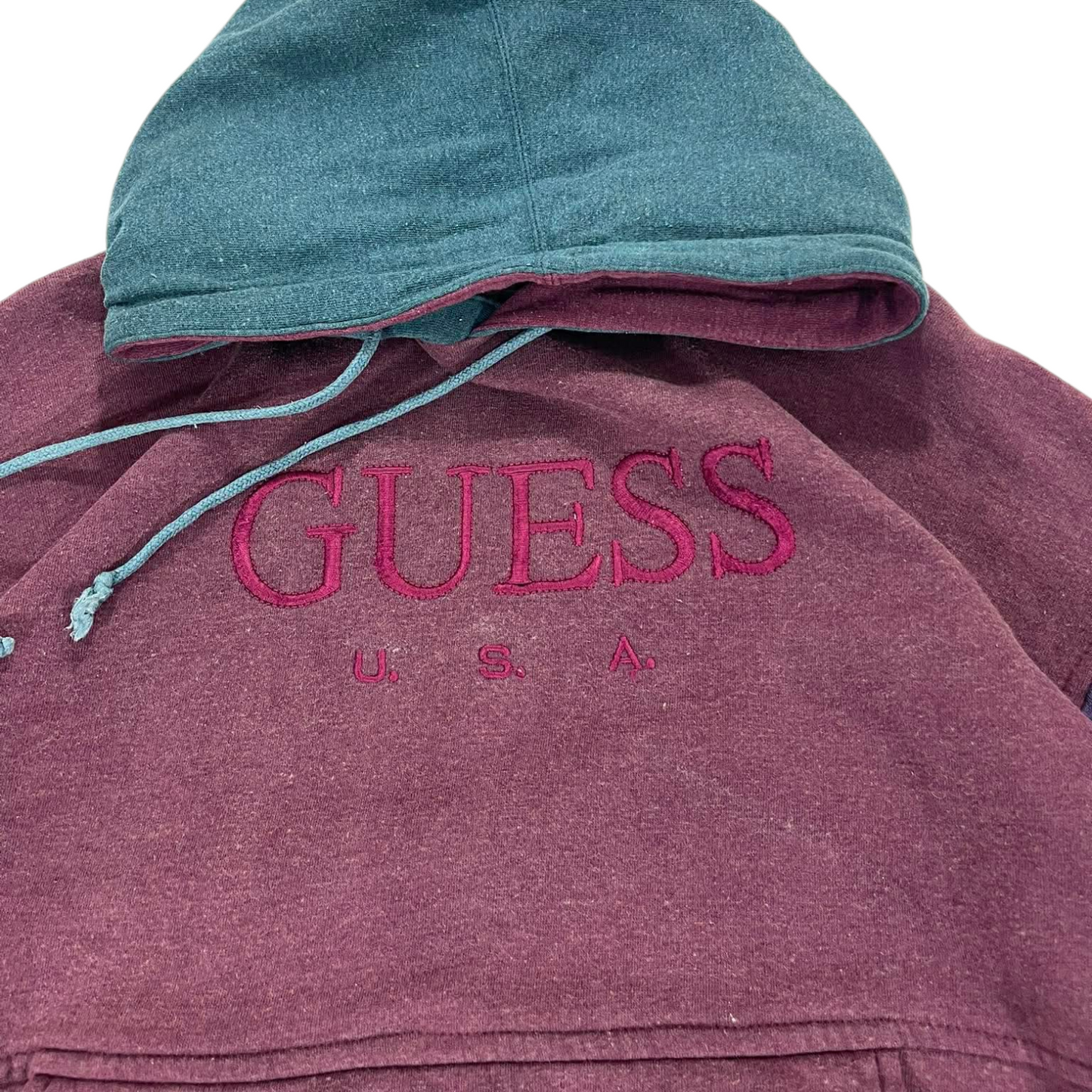 VINTAGE MULTI COLOURED GUESS USA HOODIE WITH EMBROIDERED LOGO(L-XL)